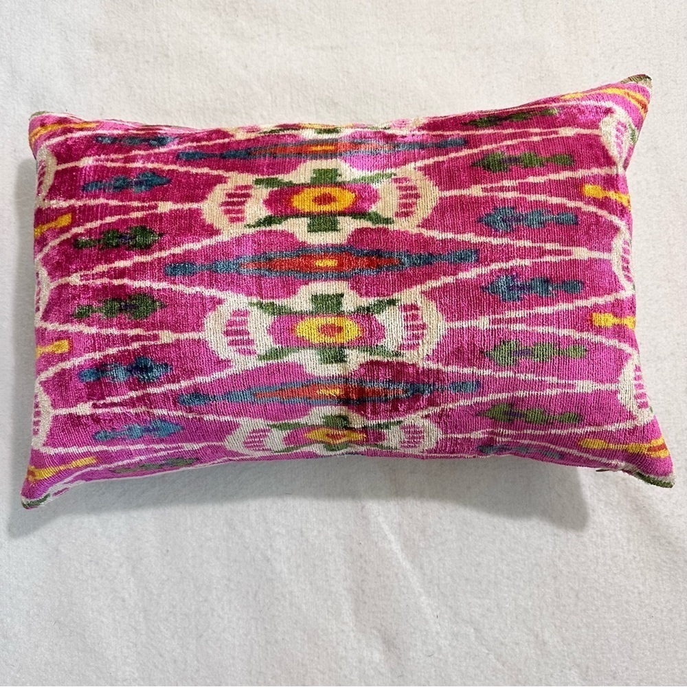 Handwoven silk velvet Ikat cushion, pillow down insert vibrant tribal pattern